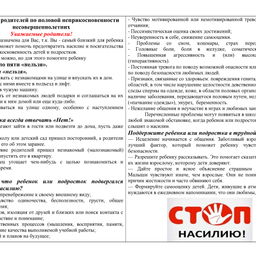 Памятка для родителей по половой неприкосновенности несовершеннолетних.